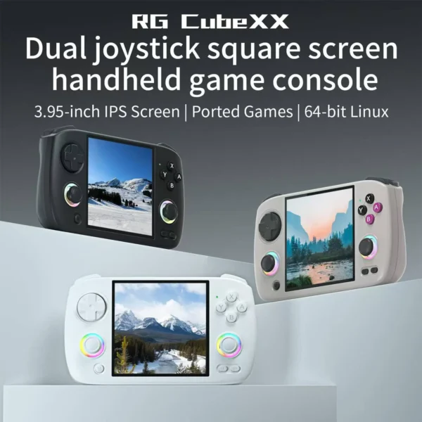 RG CubeXX dual joystick square screen handheld game console, 3.95-inch IPS full-fit screen, supports multiple game formats and RGB lighting effects.